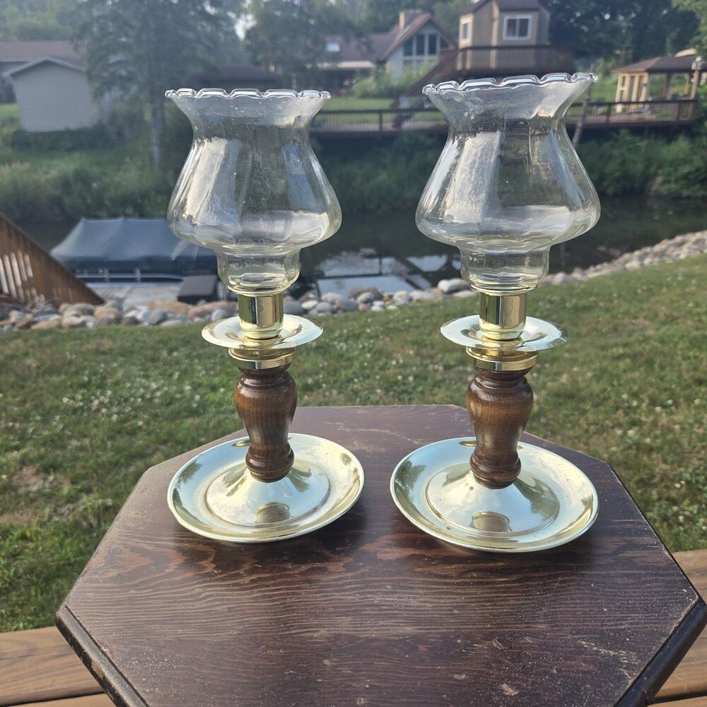 VTG Brass Tone Wood Look Glass Hurricane Candle Holders Chimney Shades Pair 11"